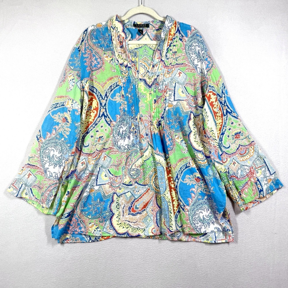 Lauren Ralph Lauren Top Women 2X Tunic Multicolor Paisley Pintuck Cotton Popover